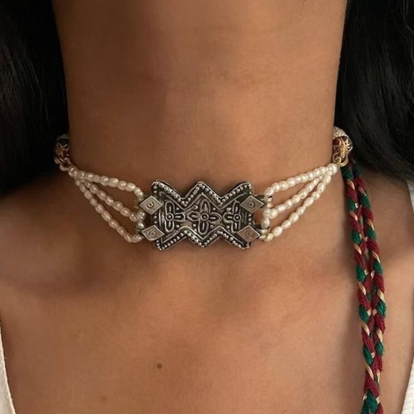 Afghan Motif Choker With Pearls, Tribal Choker Necklace, Pearls Necklace, - Picture 2 of 7